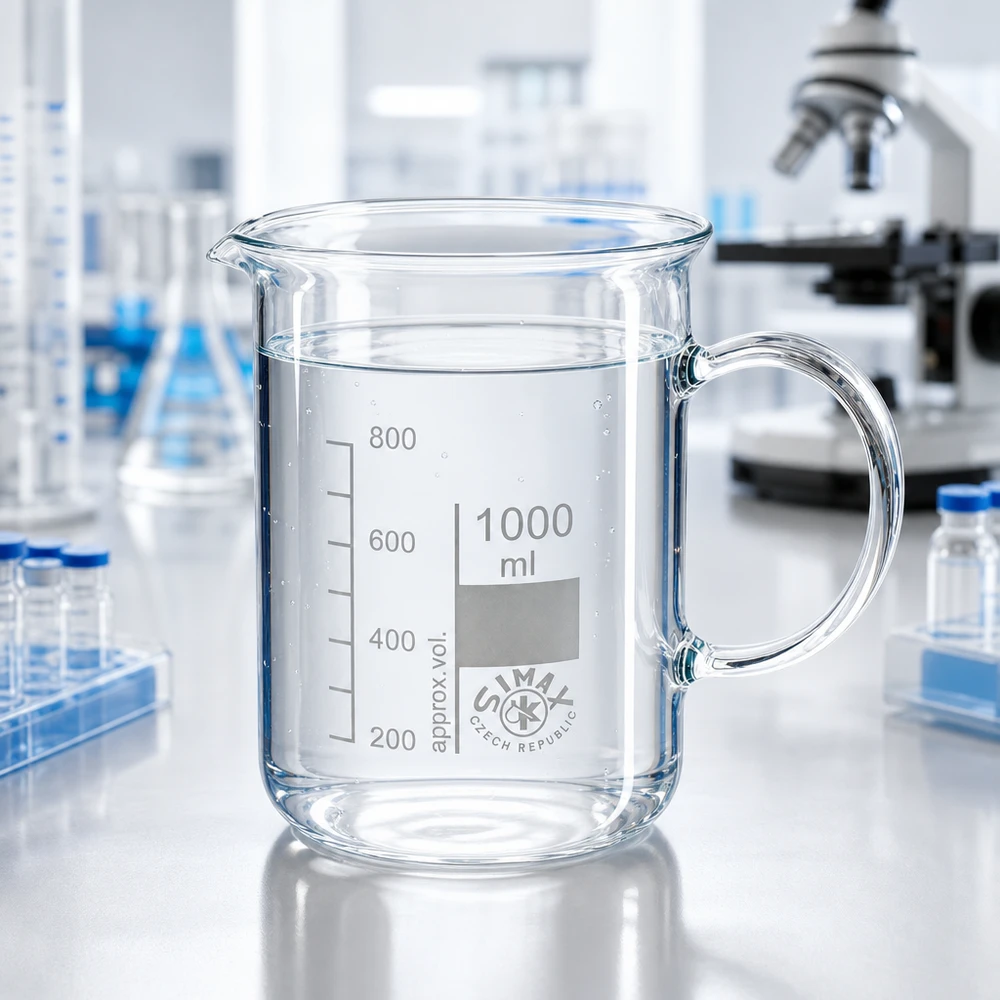 Hittebestendige borosilicaat-maatbeker van 1 liter met handvat en schaalverdeling van 200 tot 800 ml
