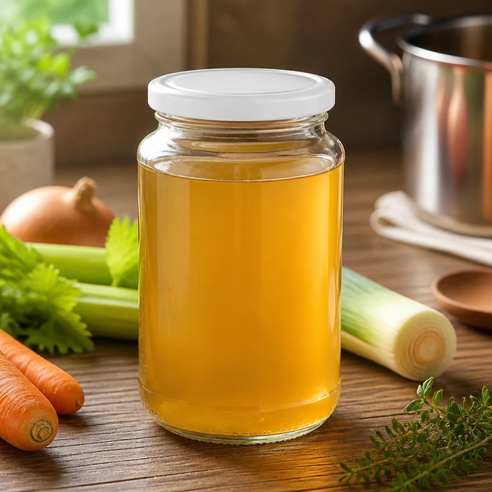Zelfgemaakte kippenbouillon in een UNiTWIST-ronde glazen pot van 320 ml met een witte BasicSeal op een houten ondergrond