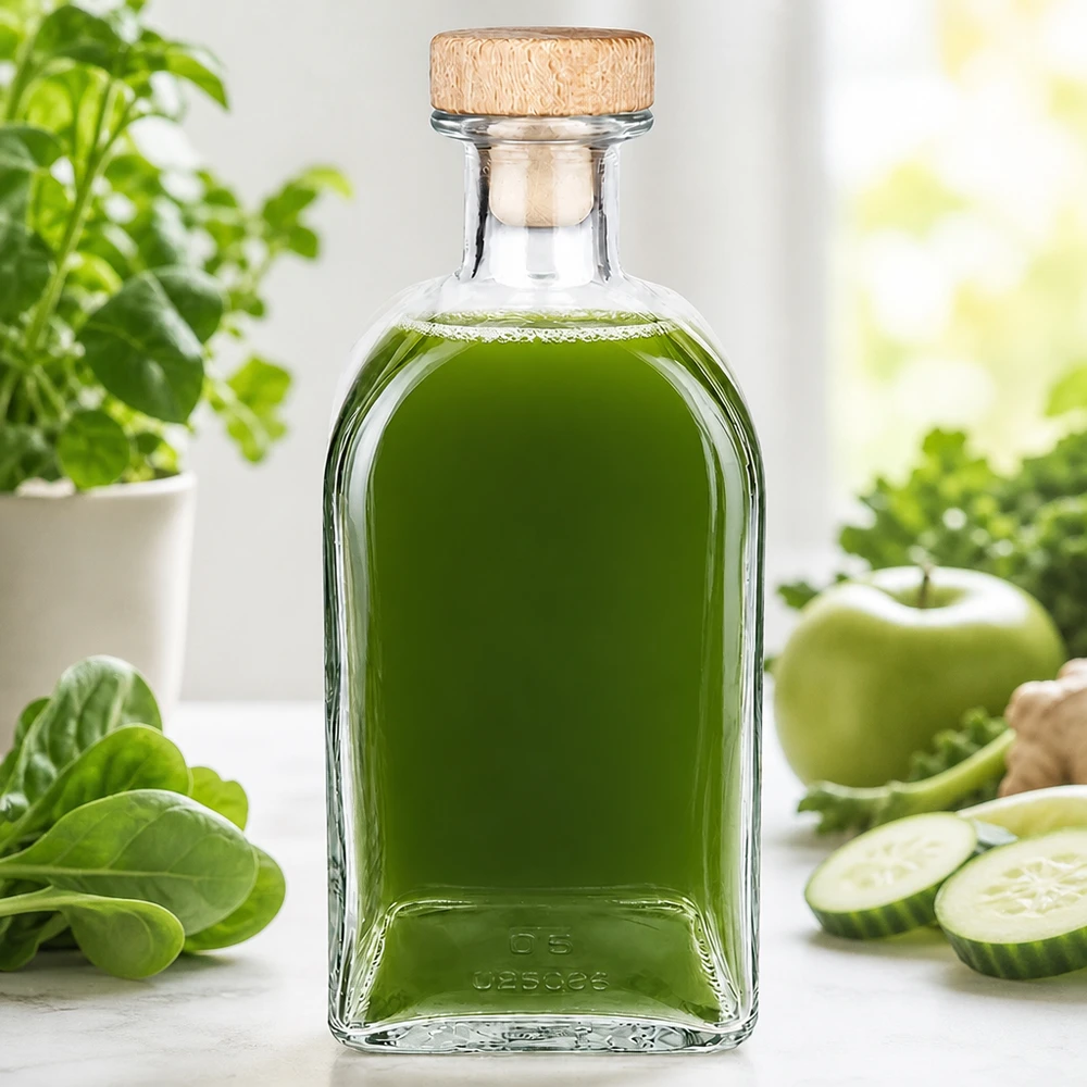 500ml Julia glazen fles met houten kurk gevuld met groene smoothie omringd door verse groenten en kruiden