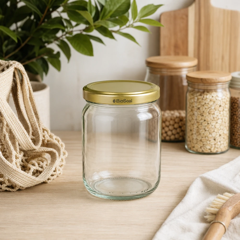 500g BioSeal honingpot leeg in duurzame keuken met voorraadpotten en natuurlijke materialen op houten werkblad