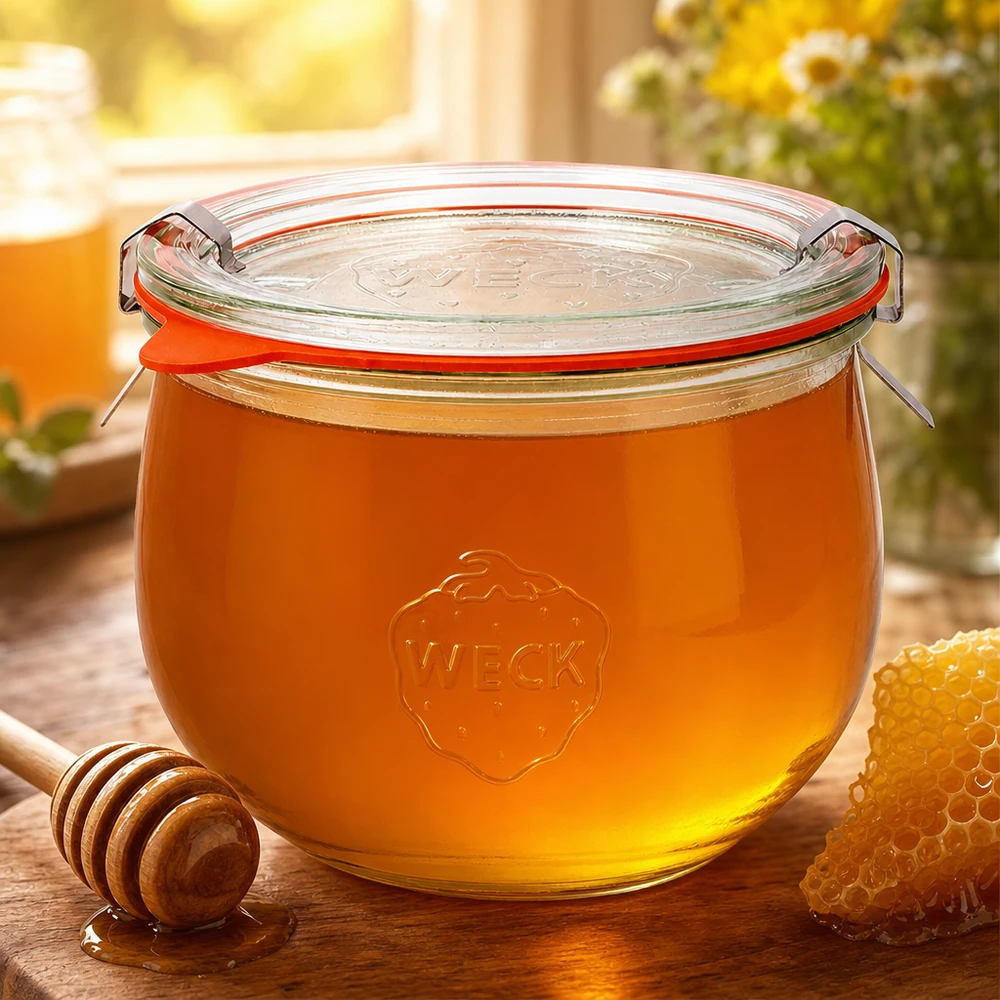 WECK tulpenpot 580ml RR100 gevuld met gouden honing naast honinglepel en honingraat als natuurlijke snoepopslag