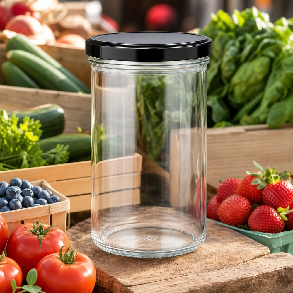 277ml bekers leeg transparant met zwart deksel omringd door vers fruit en groenten Conserveren