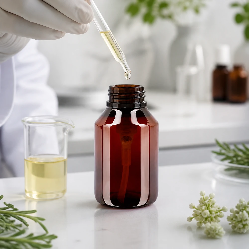 50 ml PET medicijnfles met wit dispenserpomp, standaard Bernsteinfarbene 50ml PET Apothekerflasche mit weisser Dosierpumpe für flüssige Kosmetikprodukte