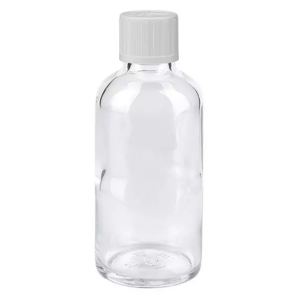 Helder glazen flessen 50ml met wit schroefsluiting kinderslot St Helder glazen flessen 50ml met wit schroefsluiting kinderslot St