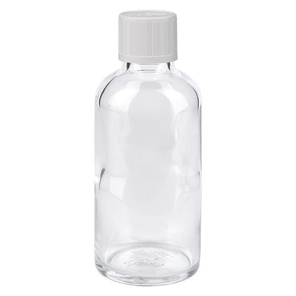 Helder glazen flessen 50ml met wit schroefsluiting kinderslot St Helder glazen flessen 50ml met wit schroefsluiting kinderslot St