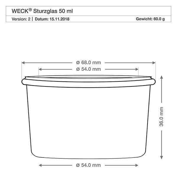 50ml stortglas met vershouddeksel WECK RR60 WECK 50ml beker RR60 technische tekening met afmetingen - diameter 68mm, hoogte 36mm voor inmaakpotten