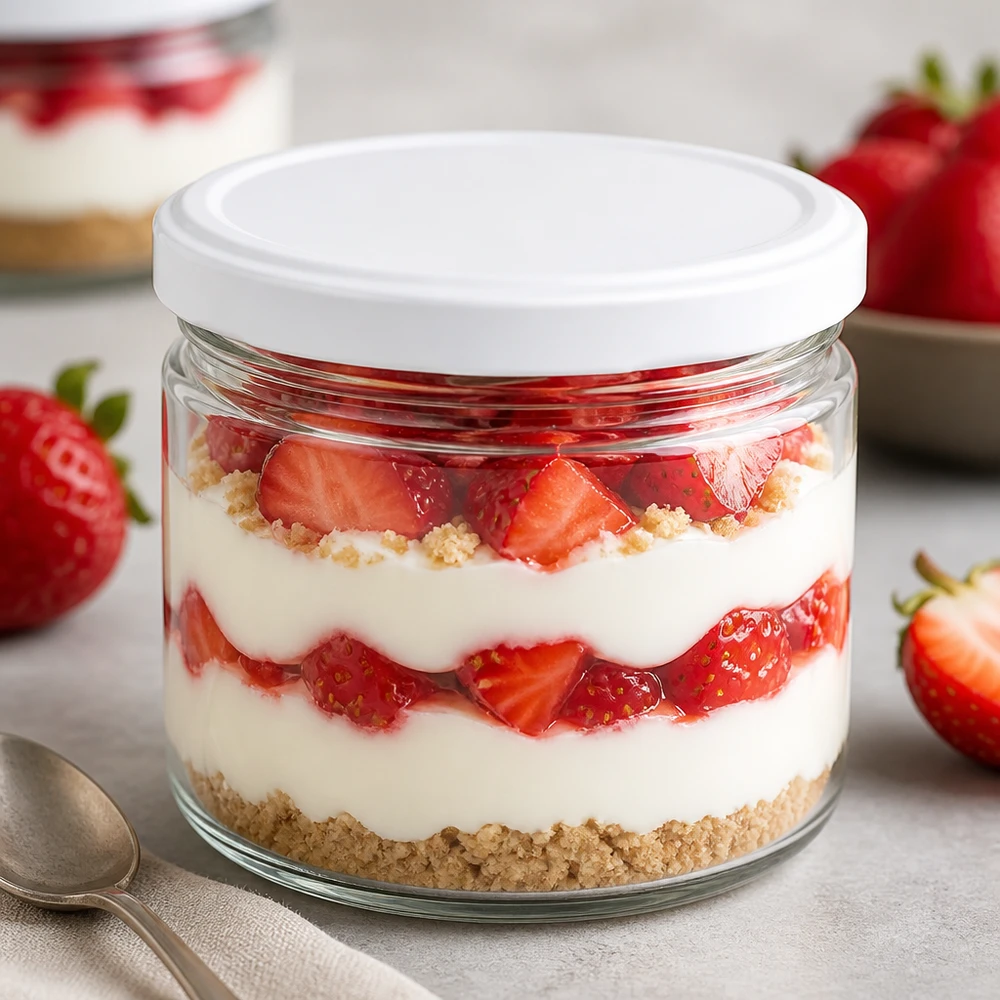 540 ml BasicSeal wit rond glas als dessertglas met aardbeientiramisu - stijlvol portieglas voor desserts