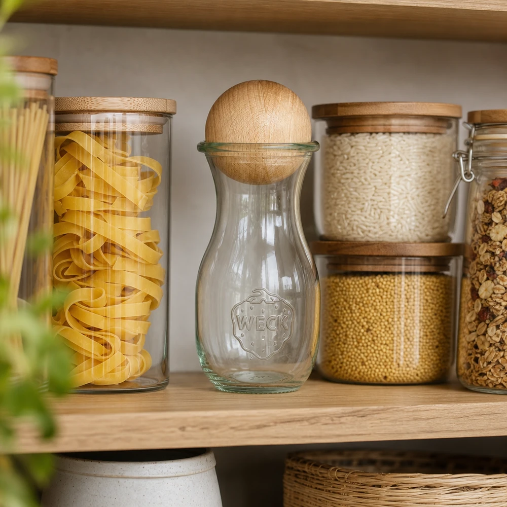 WECK glazen fles 290ml RR60 met beuken bol in georganiseerde voorraadkast tussen pastapotten en voorraadpotten