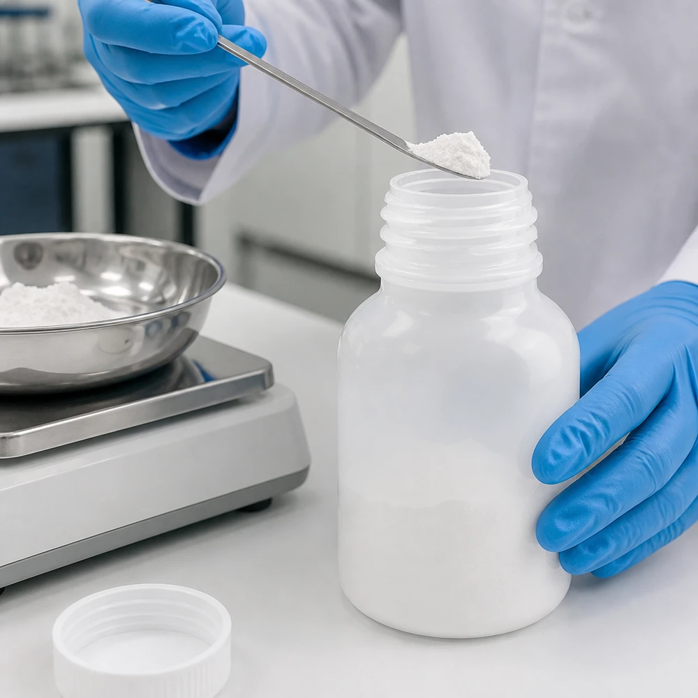 Stevige kunststof fles met brede hals van 100 ml zonder dop, geschikt voor chemische laboratoriumstoffen