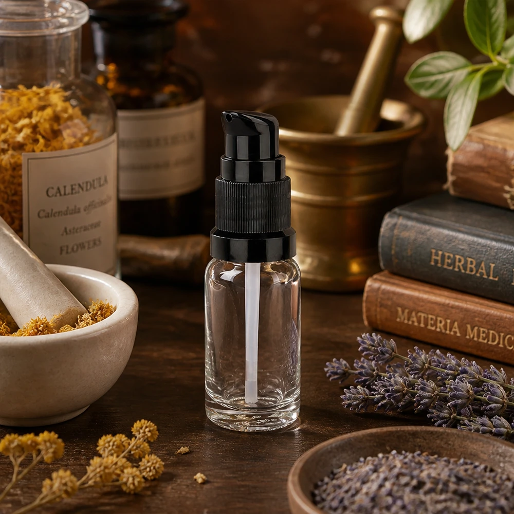 10ml pompflacon zwart STD ClearLine UT18/10 Doorzichtige pompfles van 10 ml met een zwarte pompkop, omringd door kruiden en geneeskrachtige planten