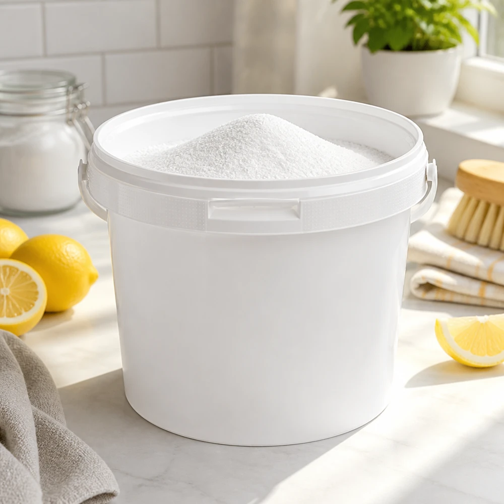 Compacte PP-emmer van 5,6 liter, wit, met deksel, voor schoonmaakmiddelen en huishoudelijke benodigdheden