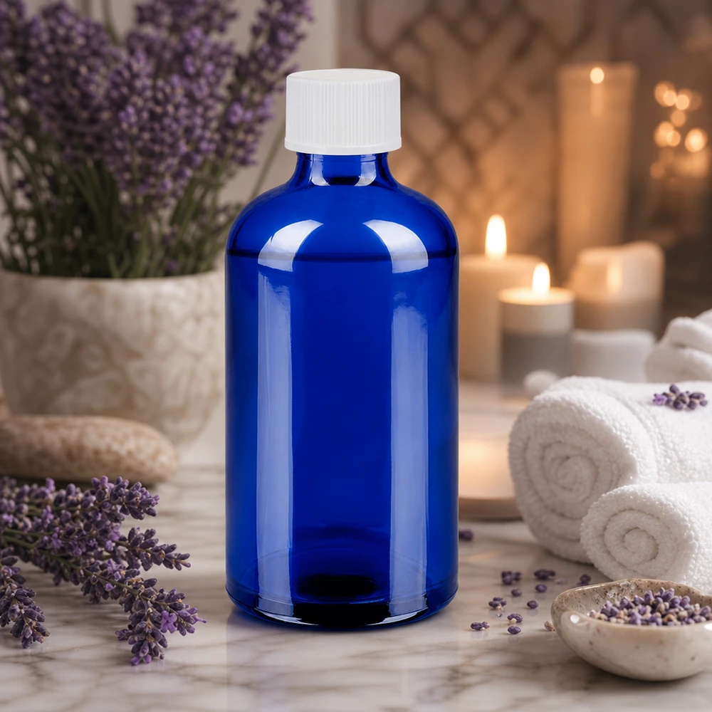 100ml fles 11mm SV wit STD BlueLine UT18/100 Lichtbeschermende glazen fles 100ml blauw met strakke witte dop tegen UV-straling
