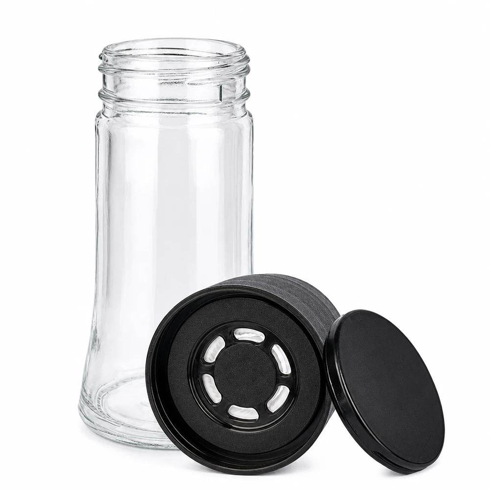 Cilindrisch helder glas van 95 ml met een zwart maalmechanisme voor grof gemalen koffie