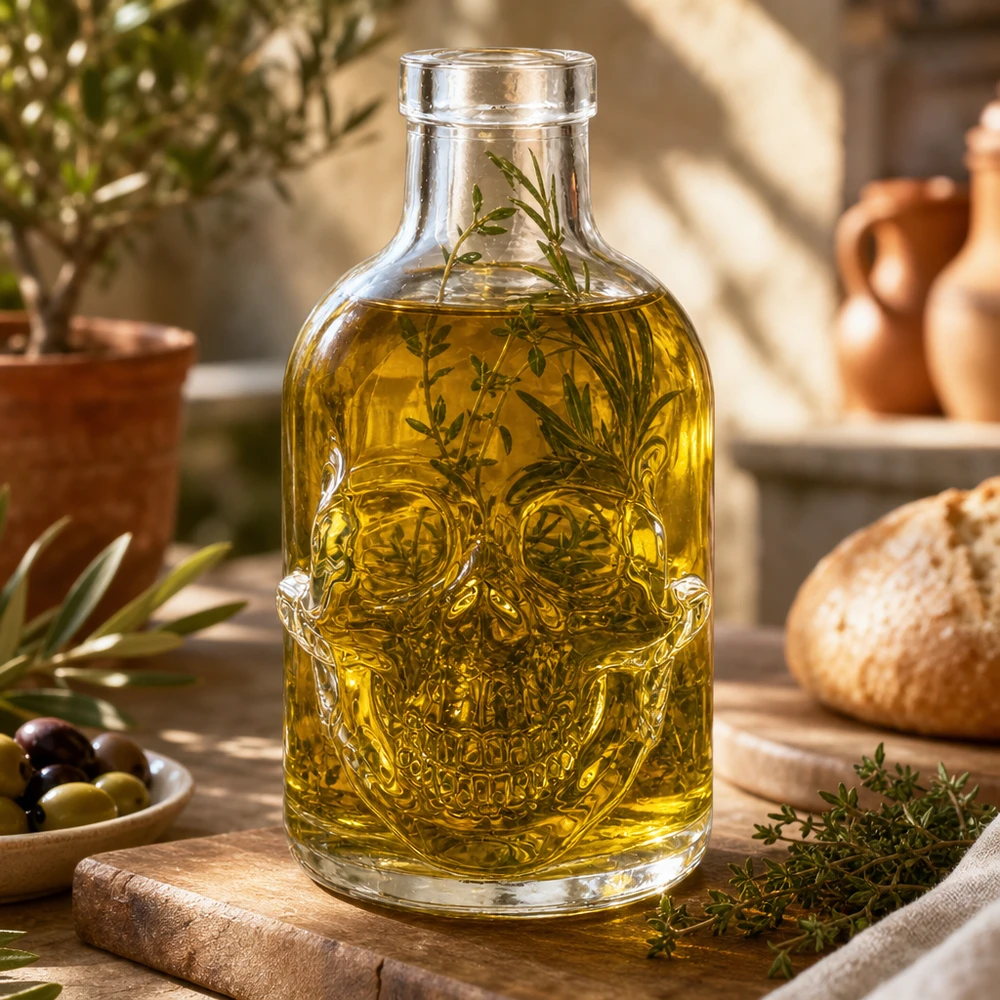Schedel glazen fles 200ml Jack gevuld met kruidenolie decoratief gerangschikt op houten plank keuken decor