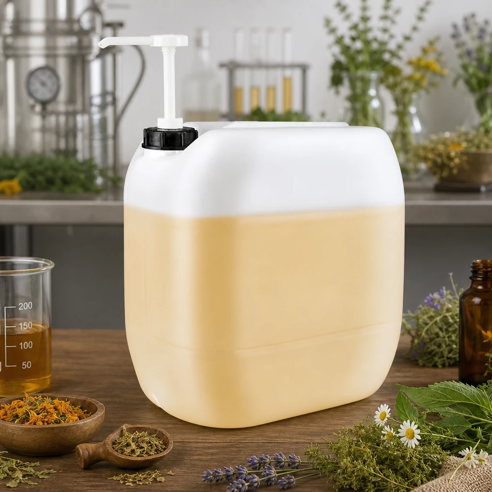 Voorraadreservoir van 30 liter met pomp naast de maatbeker voor kruiden en etherische oliën