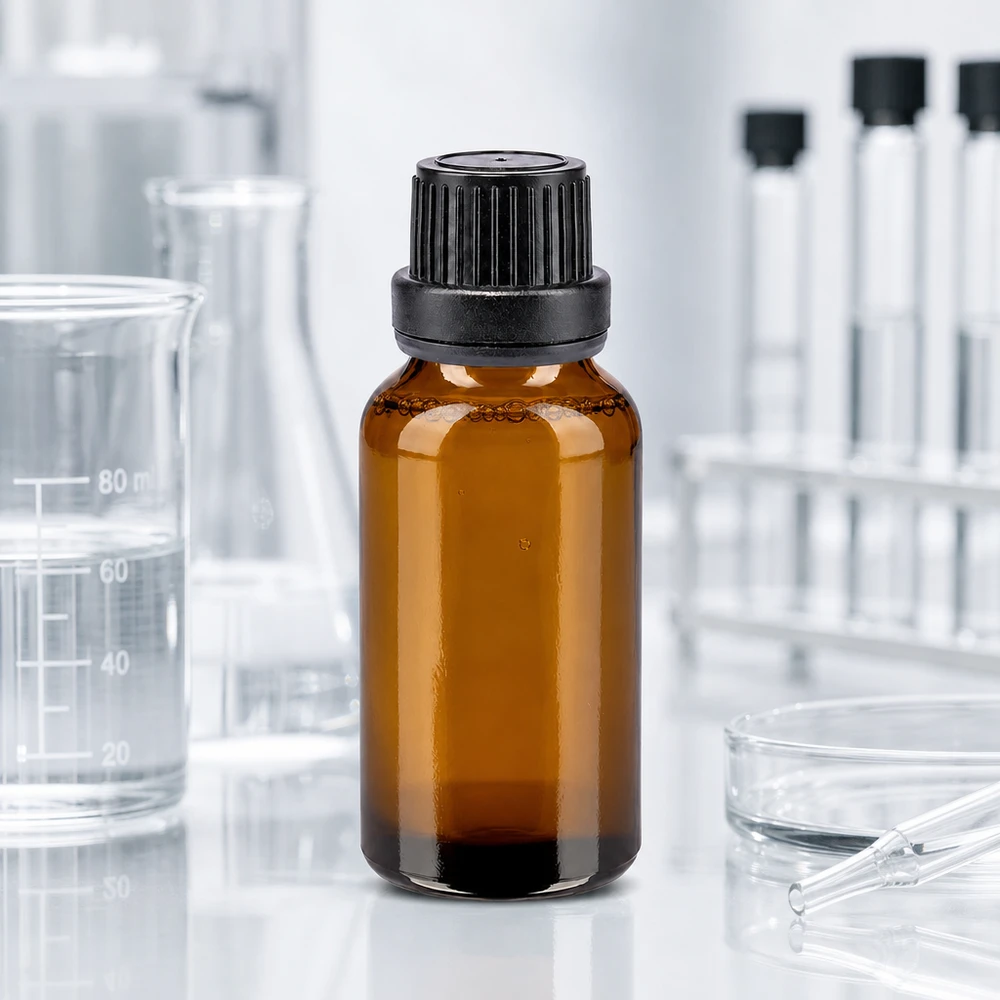 Apothekersflesje 20 ml, UV-bescherming, bruin glas, zwarte dop 11 mm, voor laboratoriumtoepassingen