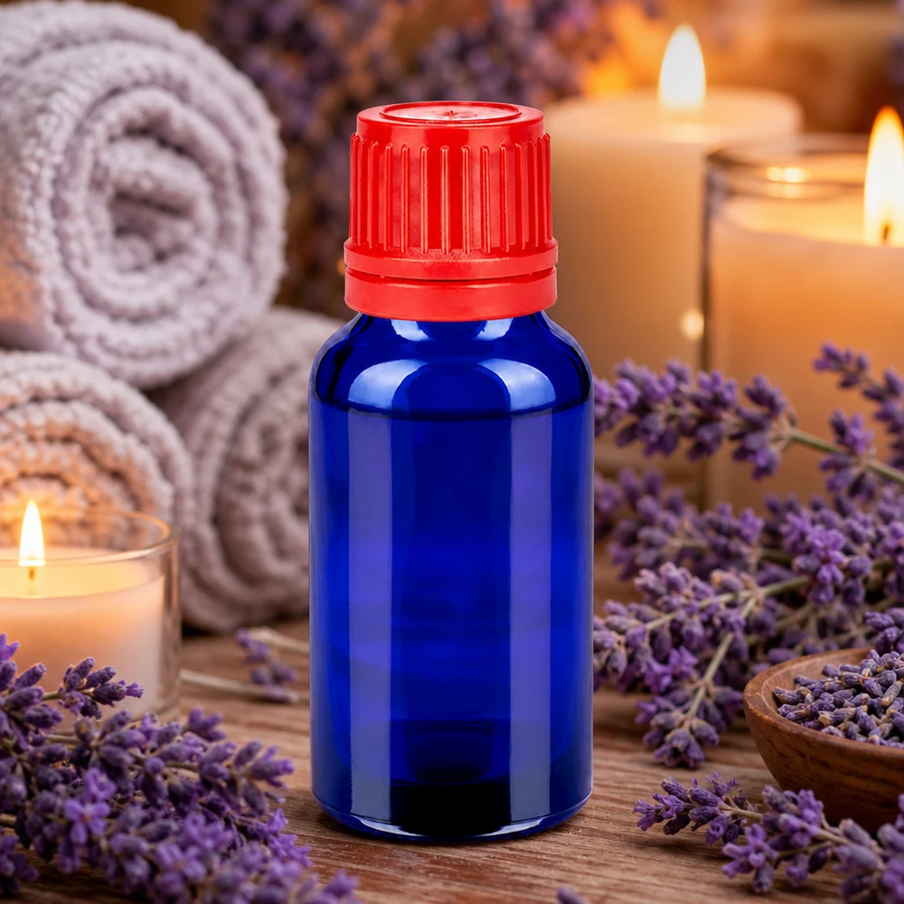 20ml glazen flesje in blauw met rode dop voor aromatherapie en wellness