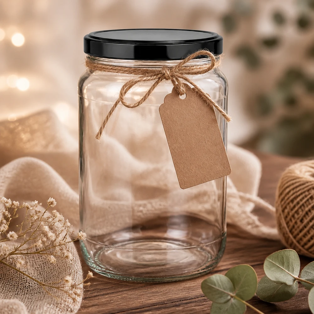 Lege 1700ml ronde pot zwart BasicSeal deksel raffia kraftpapier label cadeauverpakking decoratie