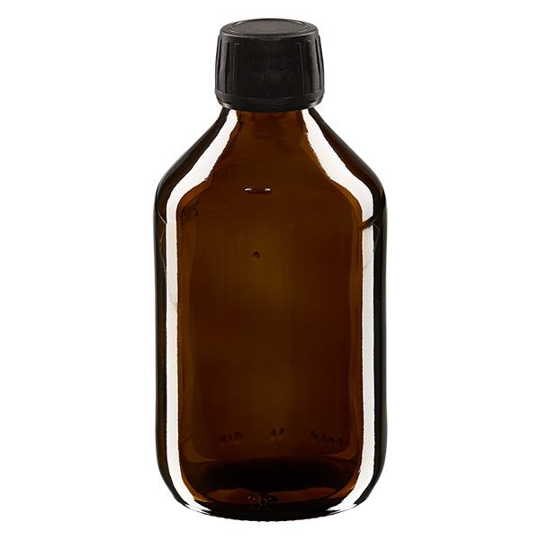 250ml Euro-medicijnfles bruin met zwarte schroefsluiting VR 250ml Euro-medicijnfles bruin met zwarte schroefsluiting VR