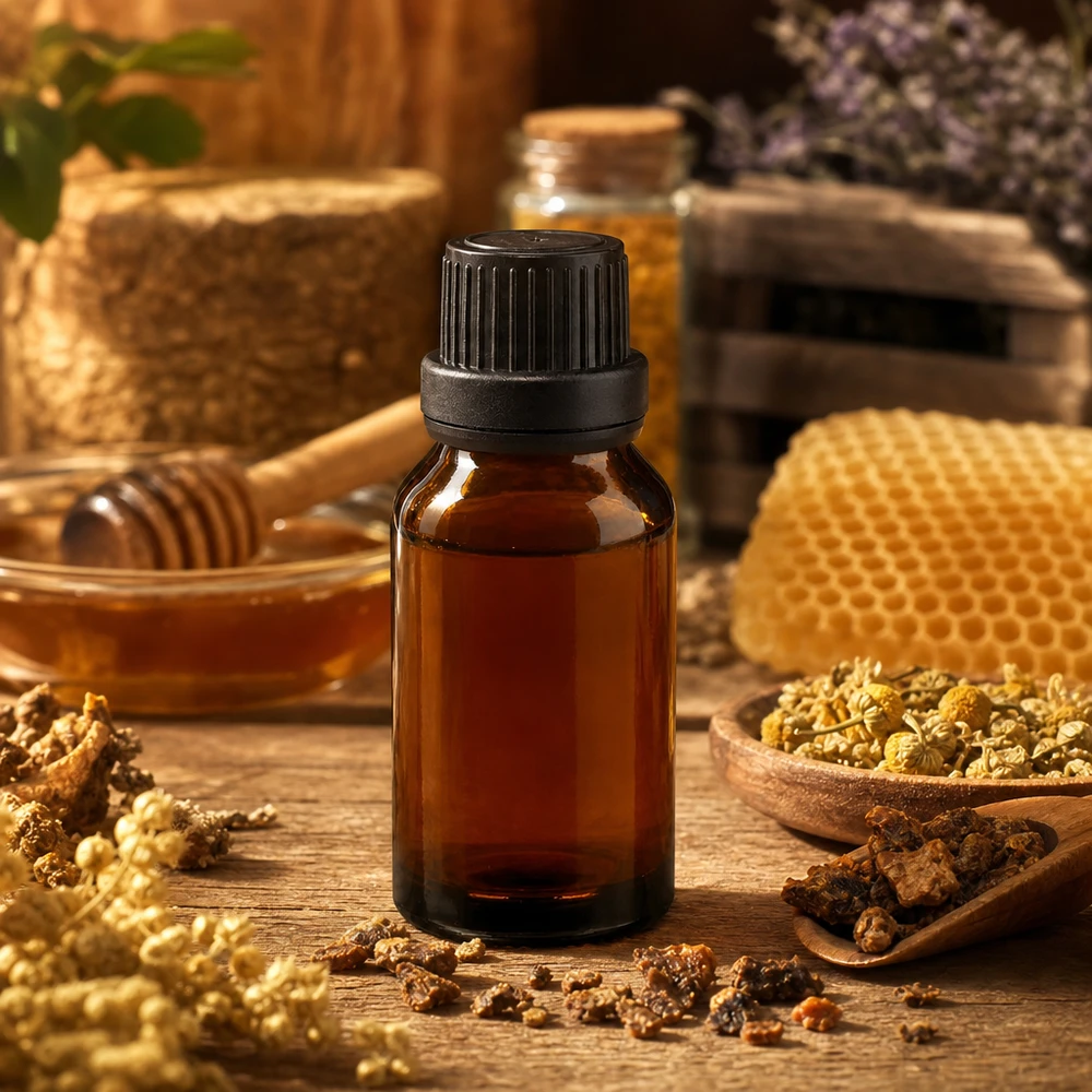 Bruinglasflesje van 30 ml met zwarte dop van 11 mm, ideaal voor bijenwas en natuurlijke producten