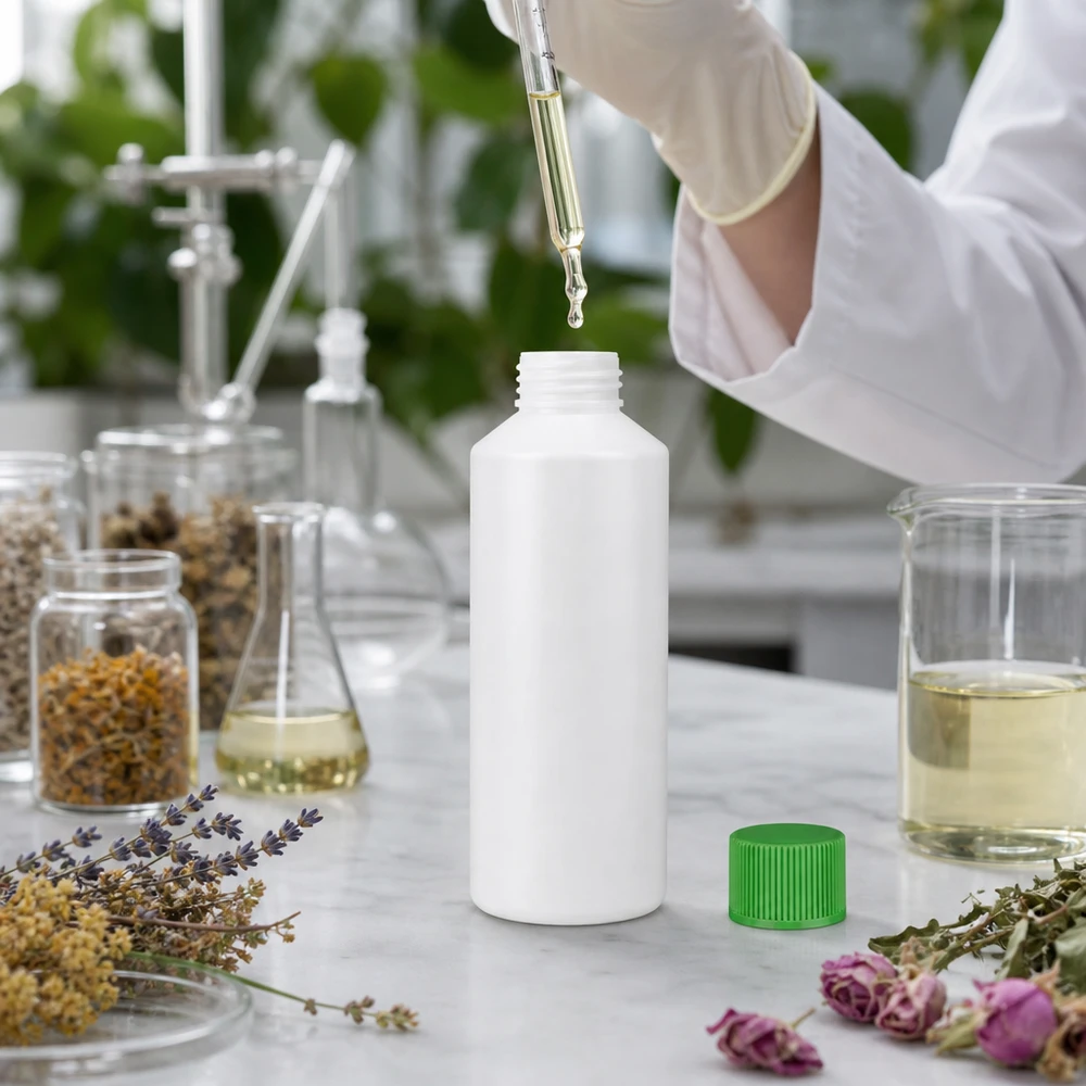 PET cilinderfles 100ml wit met schroefsluiting groen Witte apothekersfles van HDPE, 100 ml, met een groene SV naast lavendel en rozenblaadjes in het laboratorium
