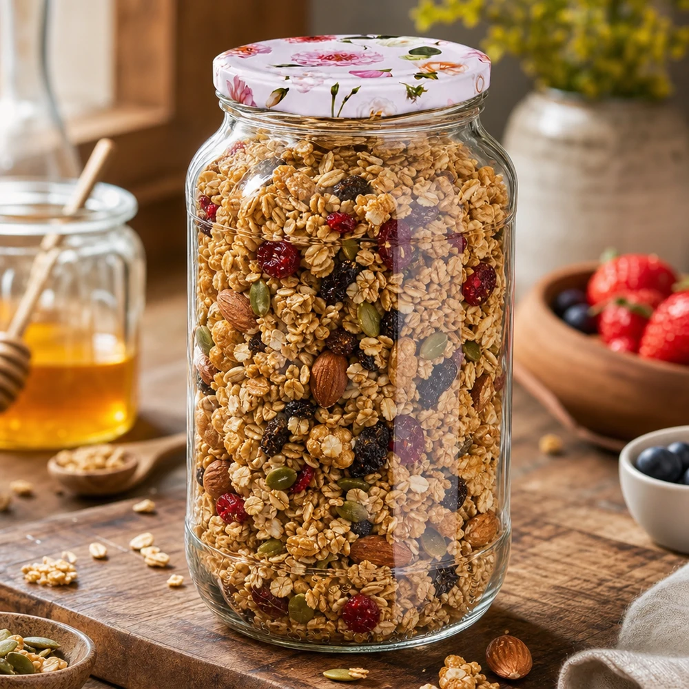 Voorraadpot 1062ml gevuld met muesli roze bloem deksel BasicSeal perfect voor droogvoer Keuken decoratie