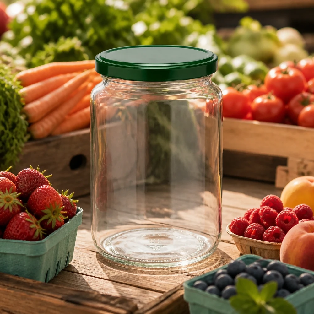 Lege ronde UNiTWIST-pot van 795 ml met groen deksel, omringd door verse bessen, fruit en groenten op een houten basis