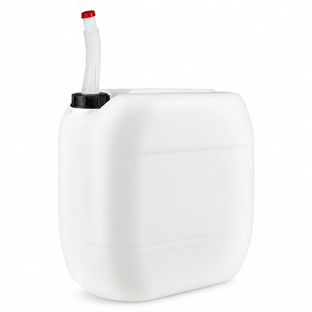 30l Jerrycan, UN-toelating, met aftapkraan flex Grote kunststof jerrycan van 30 liter met zwarte schroefdop en flexibele schenktuit