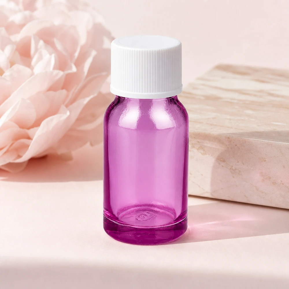 Violet glazen flesje van 10 ml met witte dop, perfect voor op reis en onderweg