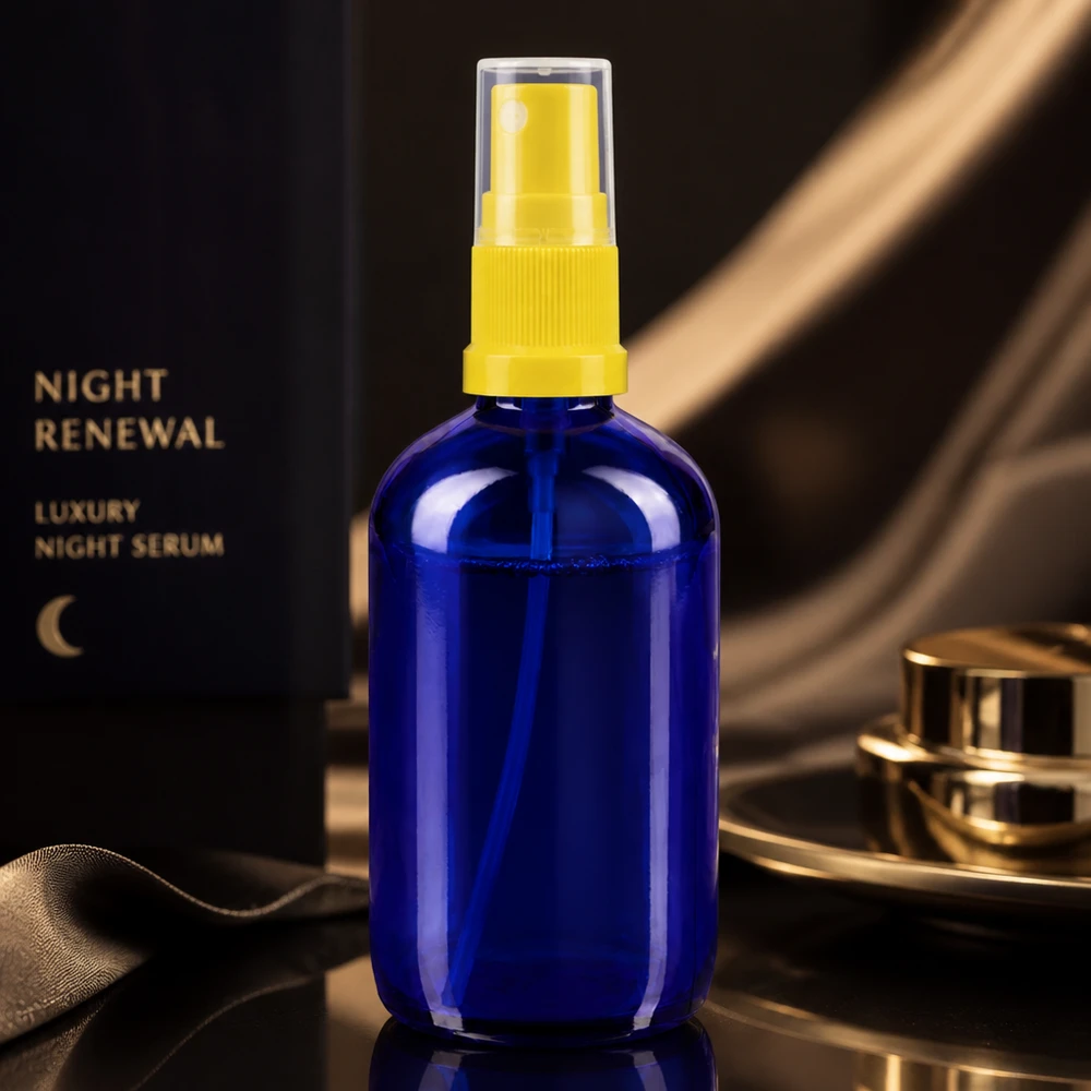 Blauwe glazen flessen 100ml met geel pompverstuiver Blauwe glazen fles van 100 ml met UV-bescherming en een gele fijne verstuiver, van apothekerskwaliteit