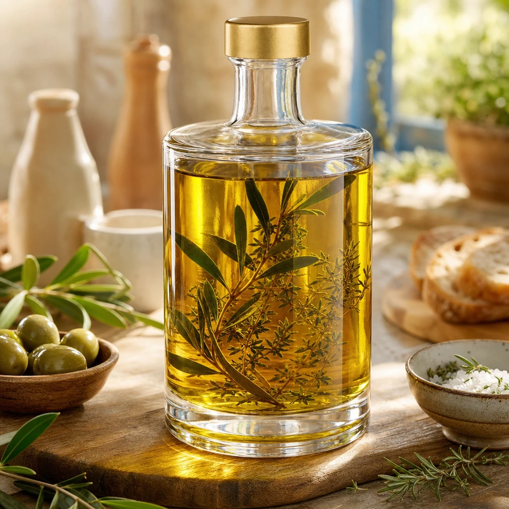 500 ml glazen fles Sam + schroefdop goud UNiTWIST® 500ml Glasflasche Sam mit Olivenöl und Kräutern befüllt goldener UNiTWIST Verschluss mediterrane Küche Oliven Salz