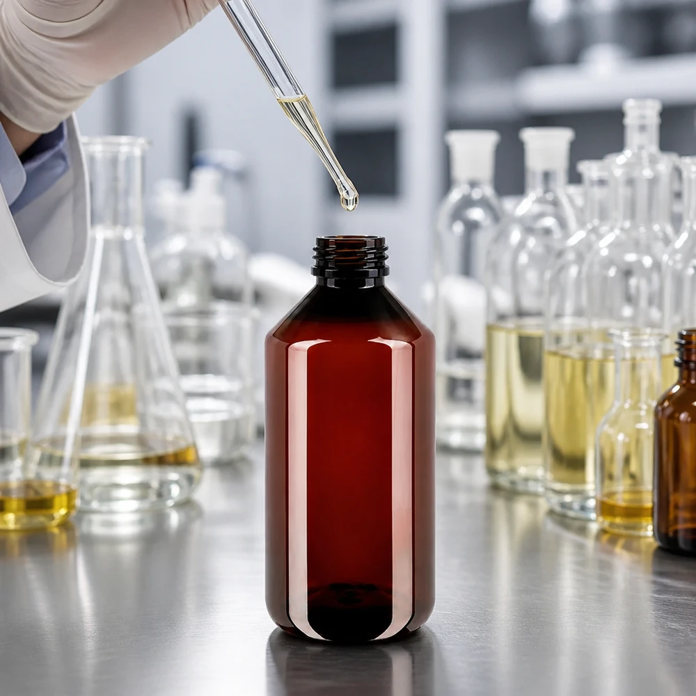 Voedselveilige PET-fles van 750 ml, bruin, met groene OV-sluiting en manipulatiebeveiliging