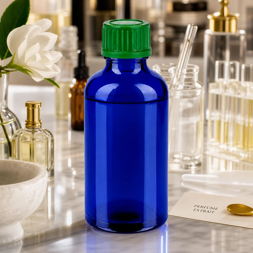 Elegante blauwe 50ml fles met groene schroefdop, ideaal voor doe-het-zelf cosmetica en natuurlijke producten