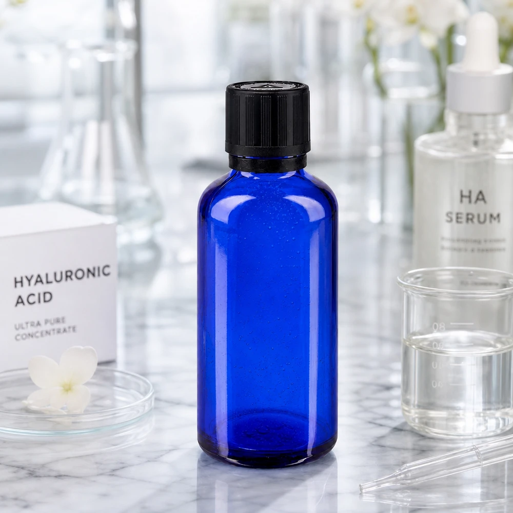 Blauwe druppelfles van 50 ml van UV-bestendig glas met een inzetstuk van 1 mm, naast HA-serum en laboratoriumglas