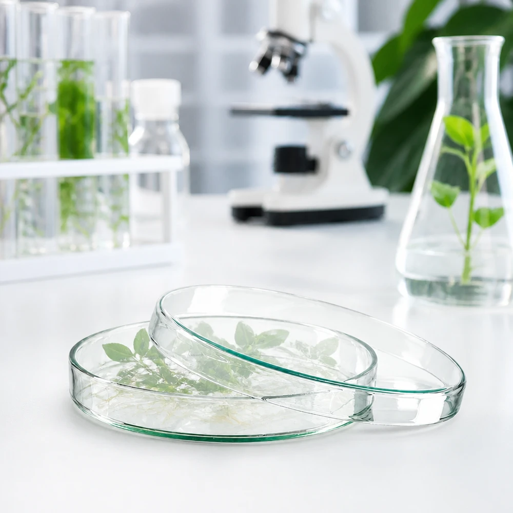 Petrischaal van helder laboratoriumglas, 120 x 20 mm, met plantmateriaal en reageerbuisjes op de achtergrond