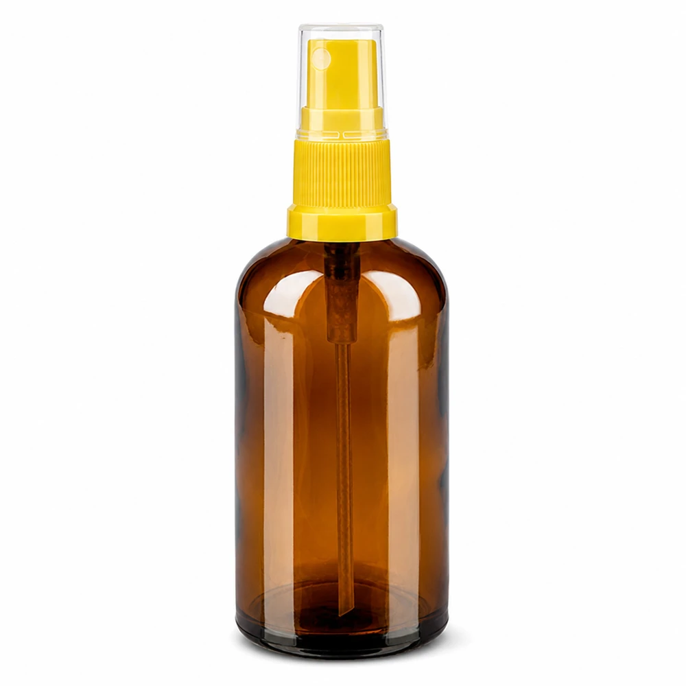 Hoogwaardige glazen spuitfles bruin 100ml met gele spuitkop voor UV-bescherming