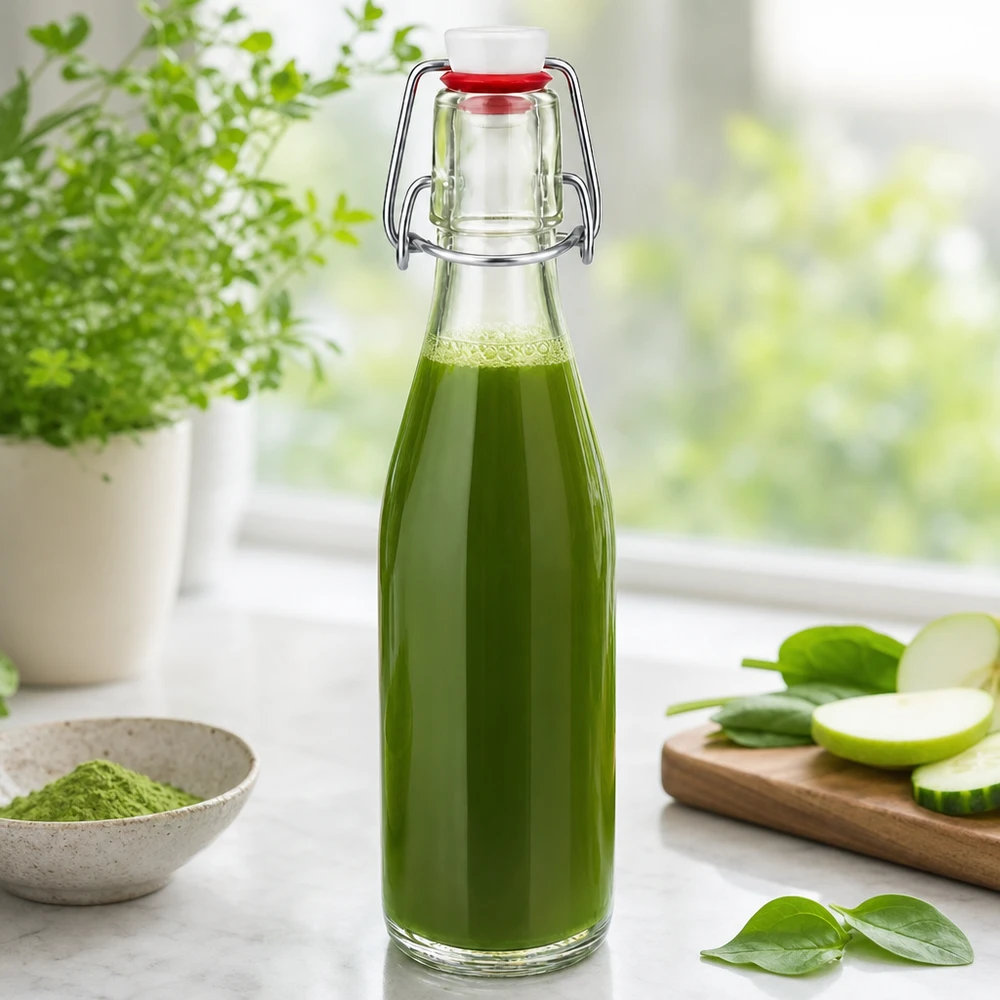 Glazen fles van 250 ml + zwenktop porseleinen UN... 250ml Glasflasche mit Bügelverschluss gefüllt mit grünem Smoothie, dekoriert mit frischen Kräutern und Gemüse