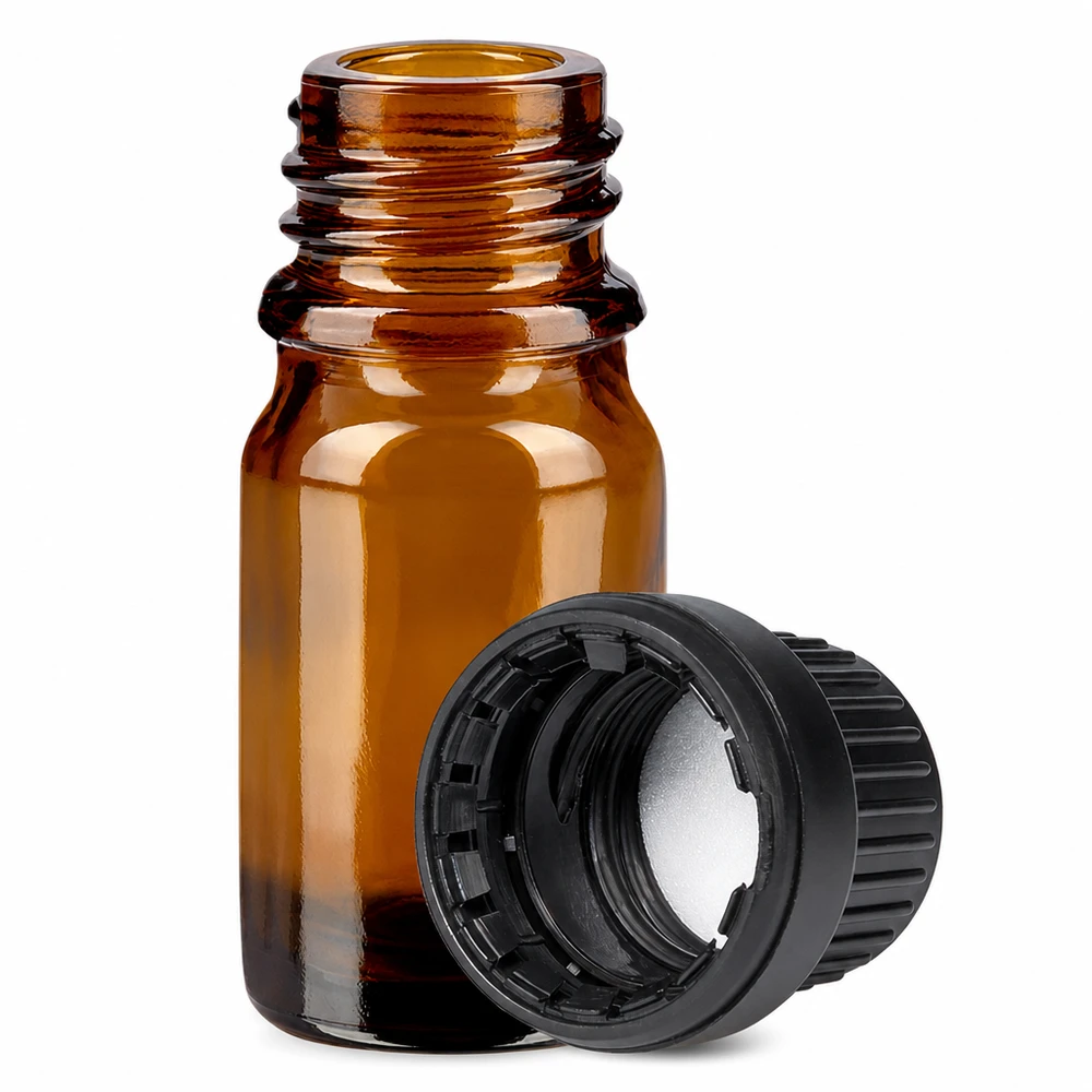 5ml flesje 11mm SV zwart OV BrownLine UT18/5 Klein 5ml apothekersflesje van amberkleurig glas met kindveilige dop voor medicijnen