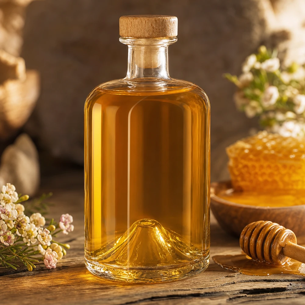 500 ml apothekersfles Sofia met houten handgreep en kurk UNiTWIST® 500ml Glasflasche Sofia mit Honig befüllt neben Bienenwabe und Honiglöffel auf rustikalem Holz mit Blütendeko