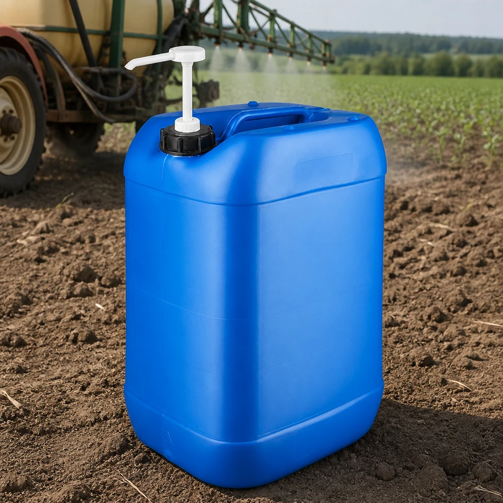 Canister 25 liter blauw met doseerpomp Blauwe landbouwjerrycan van 25 liter met zwarte schroefdop en doseerpomp naast een gewasbeschermingsspuit