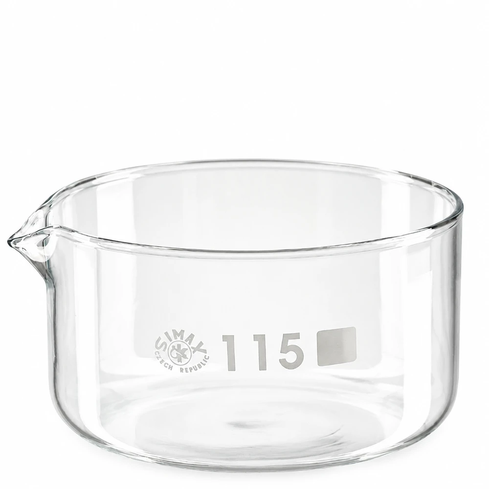 Kristalliseerschaal 500ml met schenktuit SIMAX laboratoriumschaal 500 ml van hoogwaardig borosilicaatglas met uitgietmond, Tsjechië, ø 115 mm