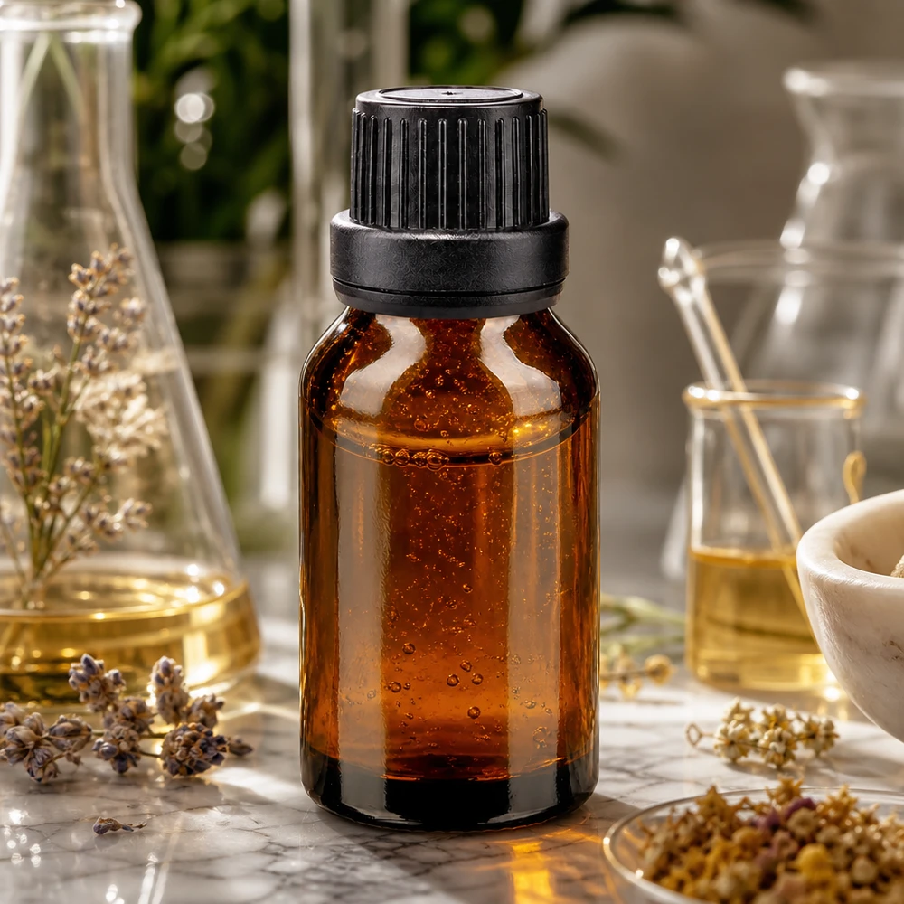 Bruinglasflesje van 30 ml met zwarte schroefdop van 11 mm, naast laboratoriumkolven en geneeskrachtige kruiden
