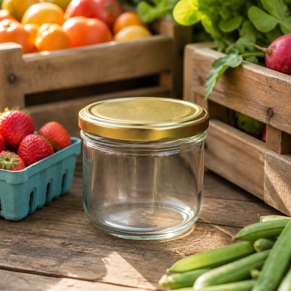 260 ml BasicSeal gouden UNiTWIST-tumblers tussen vers fruit en groenten tonen geschiktheid voor inmaakpotten