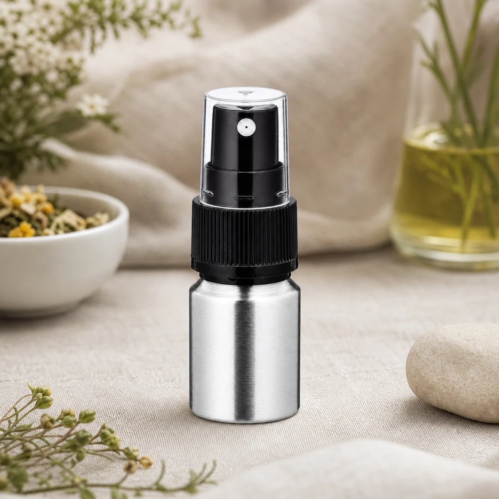 10 ml aluminium fles geslepen incl. pompverstuiver zwart Hygiënisch aluminium flesje van 10 ml met pompverstuiver - antibacteriële eigenschappen dankzij aluminium