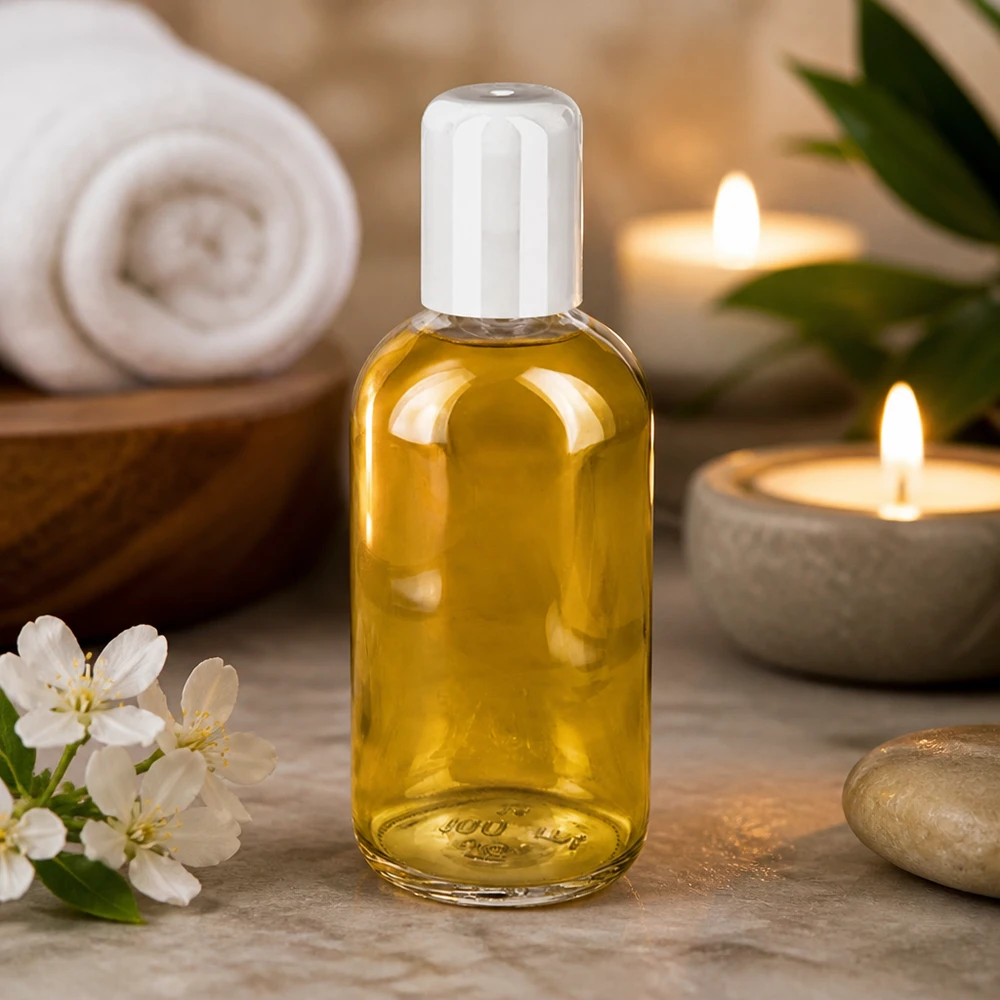Glazen fles van 100 ml van ClearLine met gouden massageolie, witte dop en kaarsen in een spa-omgeving