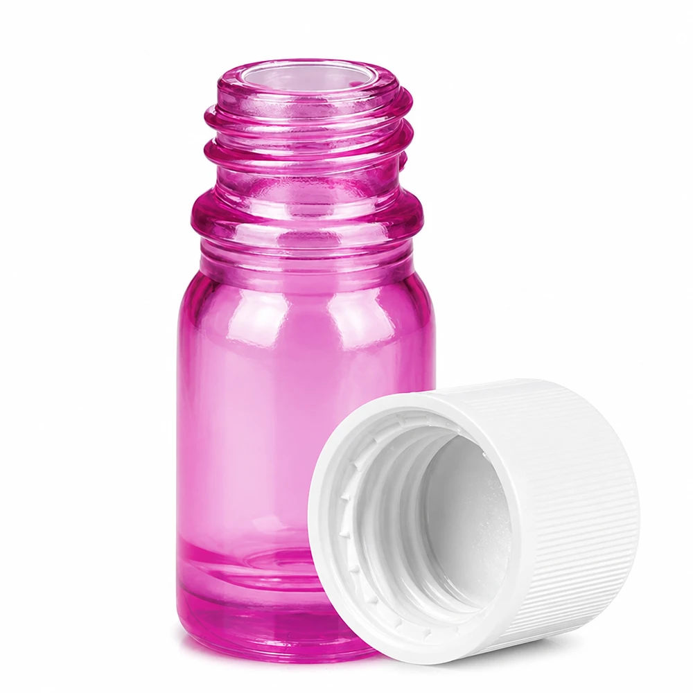 Robuust 5ml flesje van gekleurd glas in paars met stevige witte schroefdop