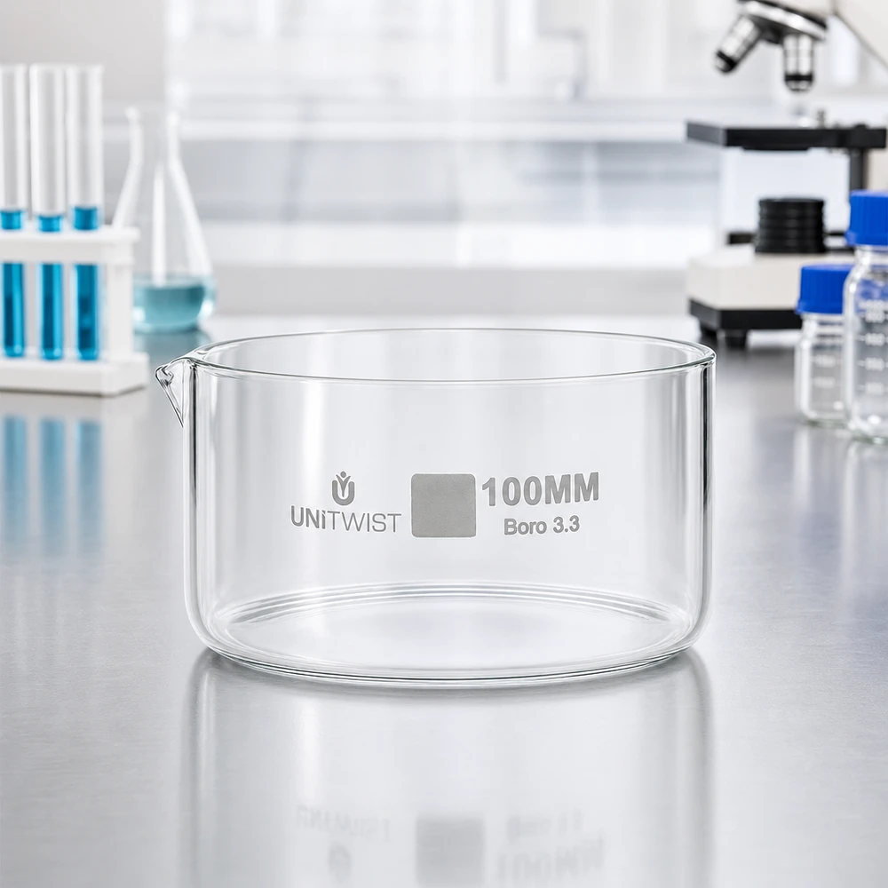 Kristalliseer schaal ø100mm borosilicaatglas UNiTWIST UNiTWIST glazen schaal voor laboratoriumgebruik, 100 mm, dikwandig, breukvast, borosilicaatglas, voor het bewaren van monsters