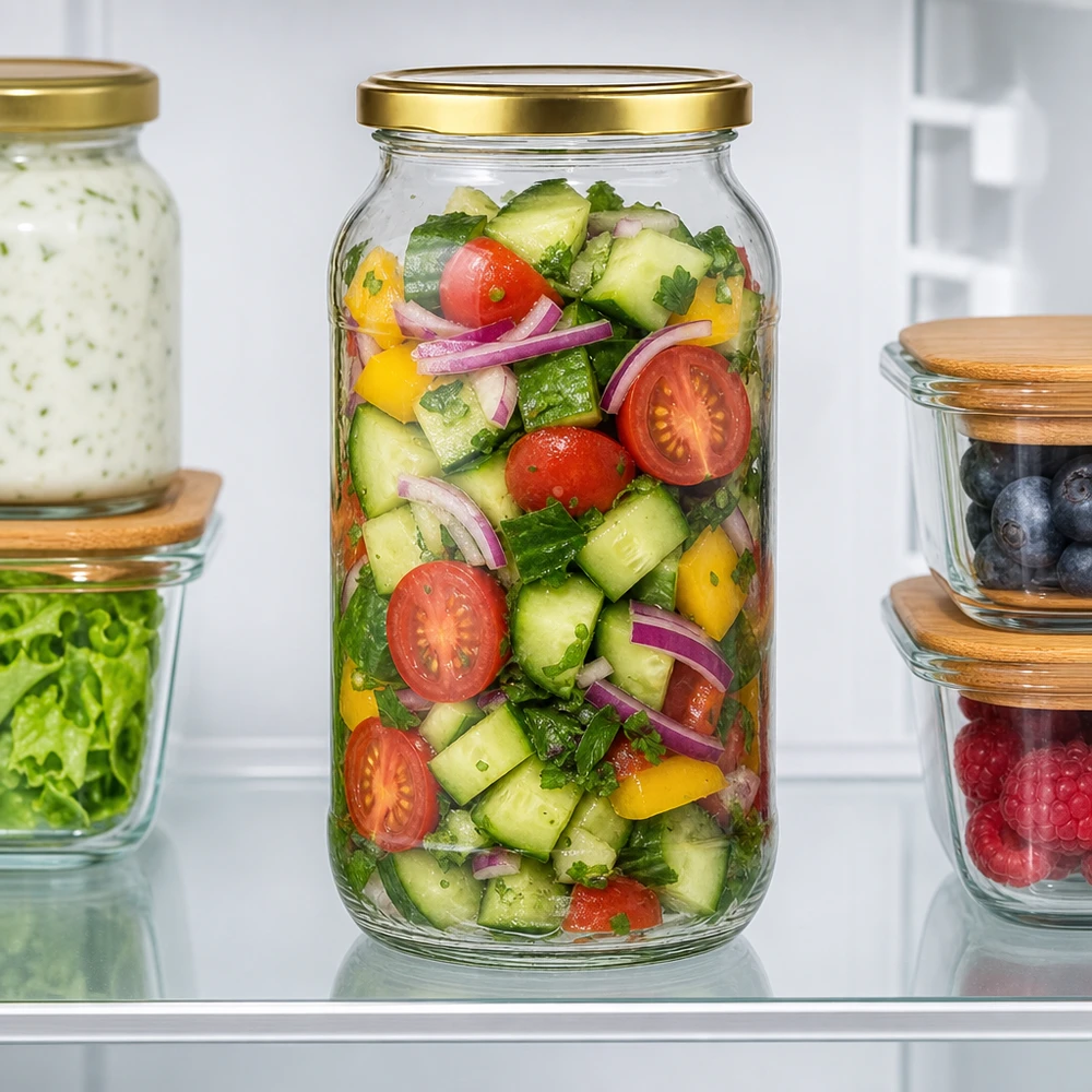 1062ml ronde pot met gouden BasicSeal deksel gevuld met verse groentesalade om in de koelkast te bewaren
