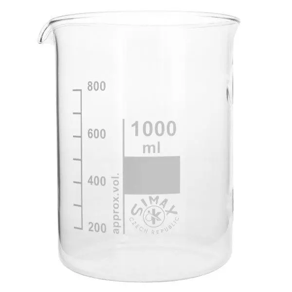 Groot bekerglas van 1000 ml, laag ontwerp, ideaal voor volumemetingen in het laboratorium