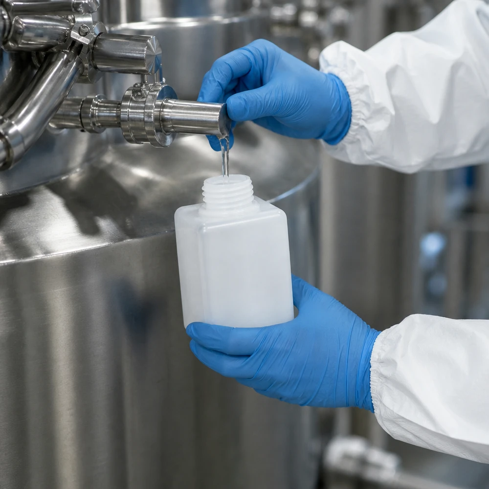 Beschermend pak, blauwe handschoenen, vulling: robuuste PE-HD-fles voor chemicaliën, 100 ml, smalle hals, GL 25
